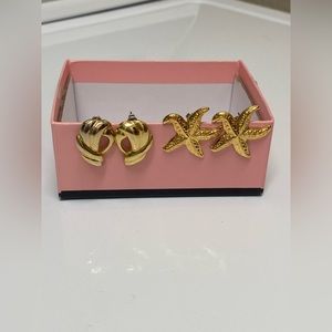 Two Vintage Stud Gold Earrings StarFish & Shell Style